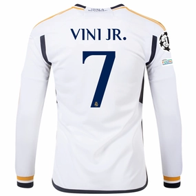 Chafe Free adidas Real Madrid Long Sleeve Vini Jr. Home Jersey w/ Champions League   Club World Cup Patches 23/24 (White)