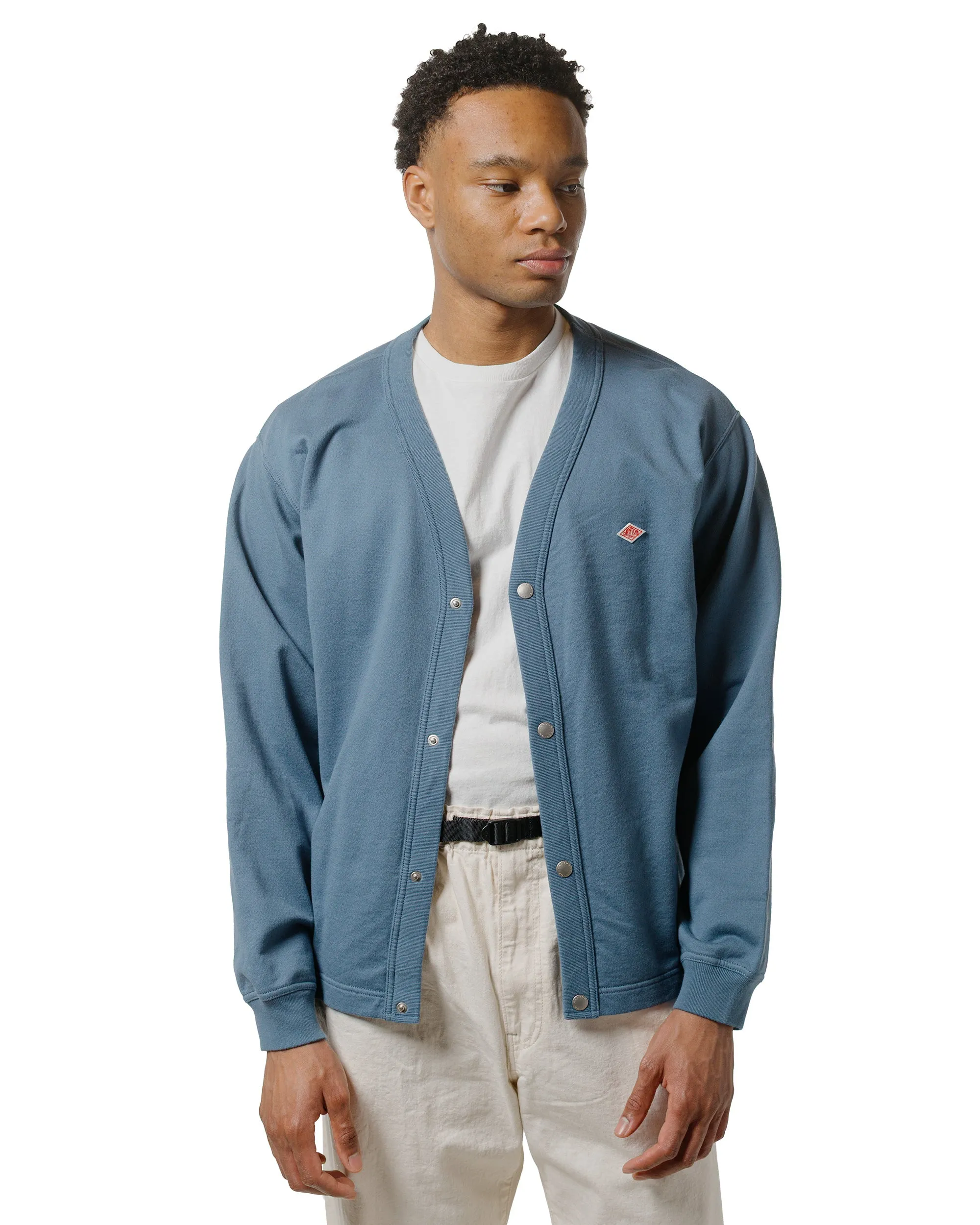crew neck Danton Cotton Terry Dot Button V-Neck Cardigan Dark Blue