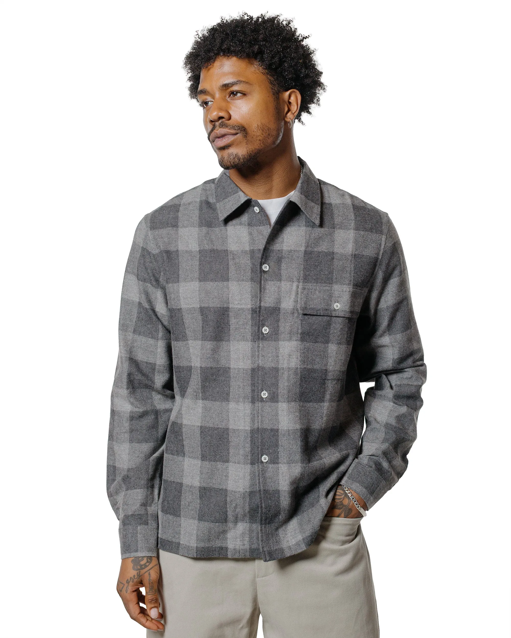 De Bonne Facture Camp Collar Japanese Cotton Grey Tartan Pastel Shade