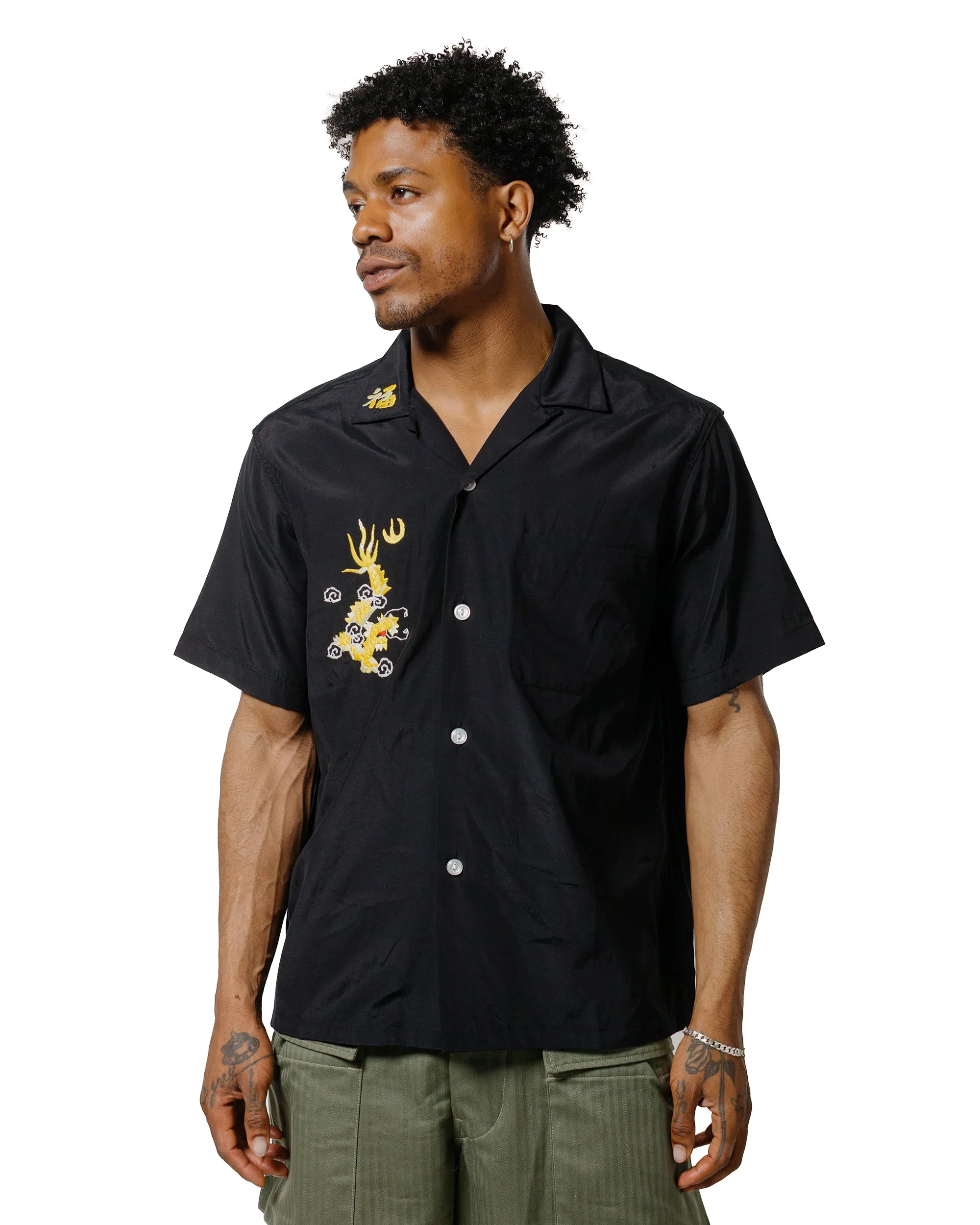 Smooth Cotton Blend Functional Fashion The Real McCoy's MS25009 Viet-Nam Open Collar Souvenir Shirt Black