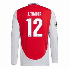 Fade Resistant Dye Double Stitched Edges adidas Arsenal Jurrien Timber Home Long Sleeve Jersey w/ Champions League Patches 24/25 (Better Scarlet/White)