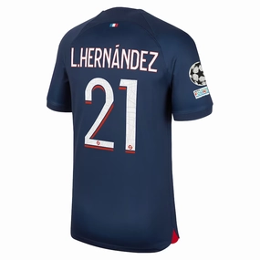 Stylish performance Lightweight Thermal Regulation Nike Paris Saint-Germain Lucas Hern??ndez Home Jersey w/ Champions League Patches 23/24 (Midnight Navy)