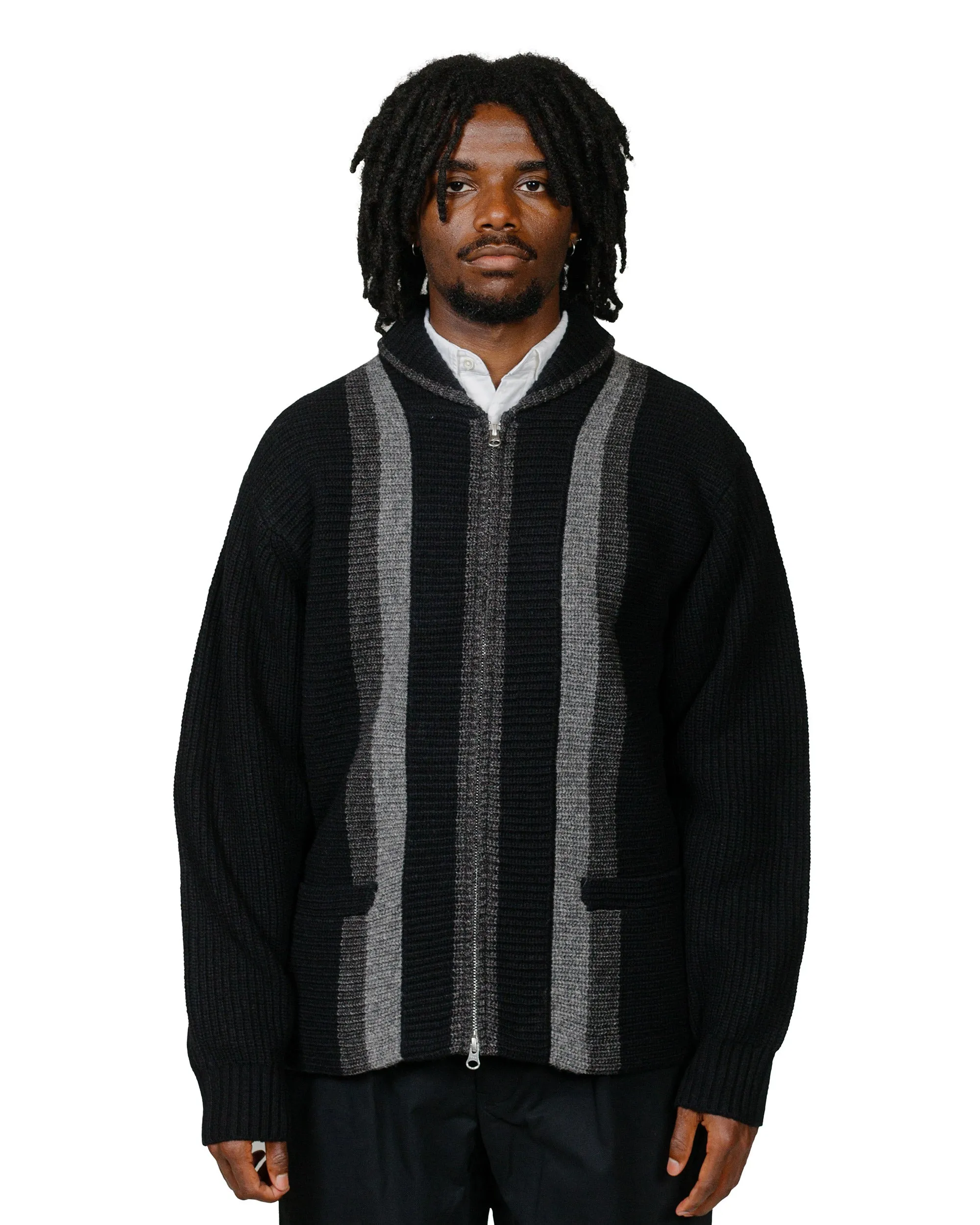 Beams Plus Full Zip Shawl Collar Knit Black Plus Fit