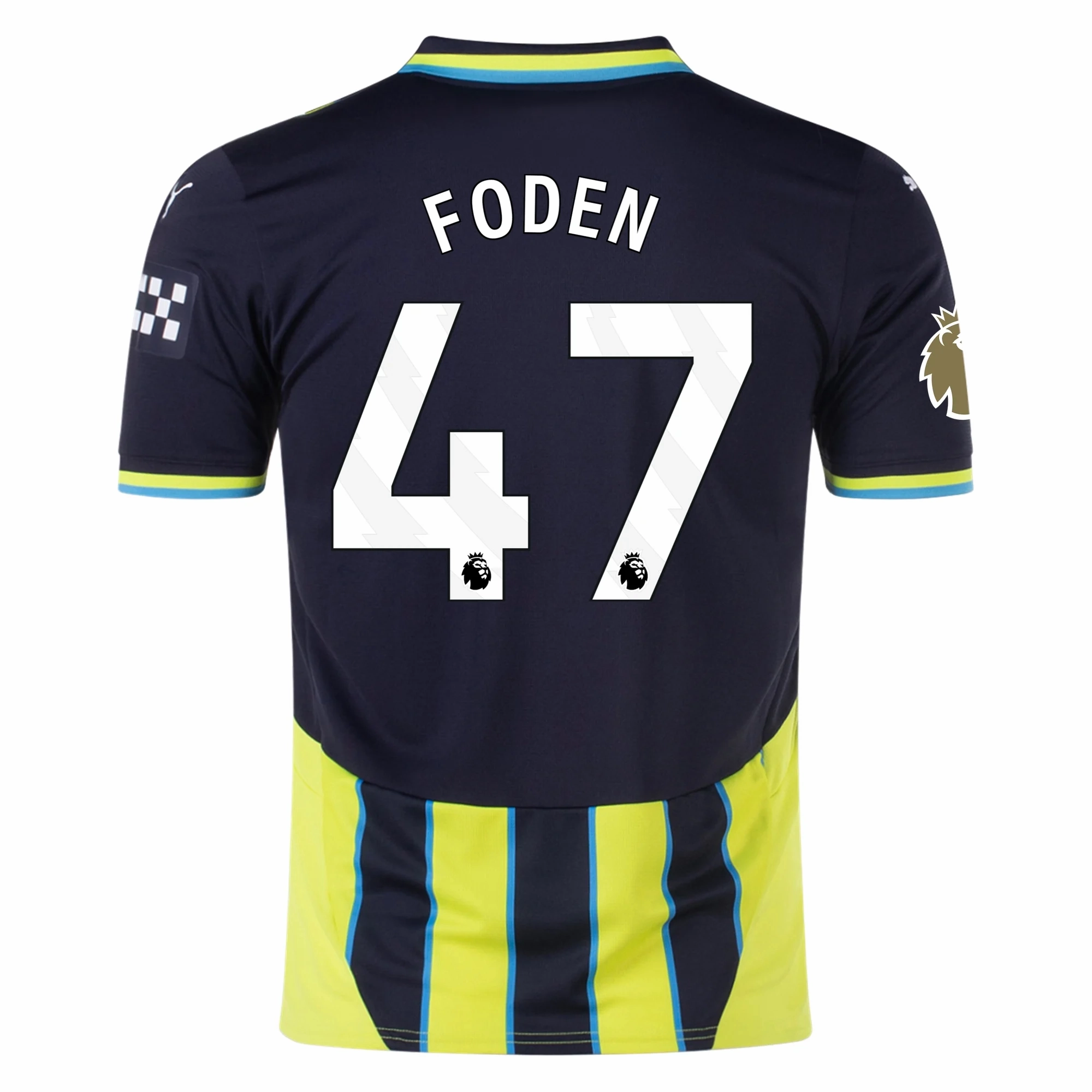 No Slip Gripper Hem Essential Fit Puma Manchester City Phil Foden Away Jersey w/ EPL   Club World Cup Patch 24/25 (New Navy/Yellow Glow)