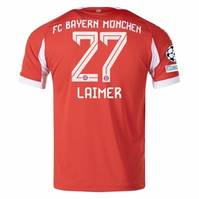 adidas Bayern Munich Laimer Home Jersey w/ Champions League Patches 25/26 (Red) Breath Panel Fade Resistant Prints