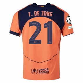 Crisp Details Nike Frenkie De Jong FC Barcelona Third T90 Authentic Jersey 25/26 w/ Champions League Patches (Mango/Navy)