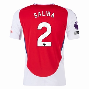 adidas Arsenal William Saliba Home Jersey w/ EPL   No Room For Racism Patches 24/25 (Better Scarlet/White) Four Way Stretch Fabric Sport Clip Compatible