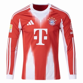 adidas Men's Bayern Munich Long Sleeve Home Jersey 25/26 w/ Bundesliga Champions Patch (Red/White) Impact Fit