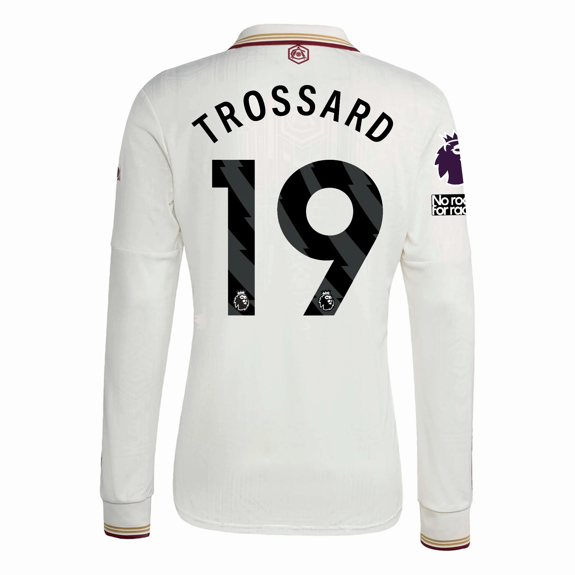 Fit Tech Breathable mesh lining adidas Arsenal Leandro Trossard Third Long Sleeve Jersey w/ EPL   No Room For Racism 25/26 (White/Burgundy)