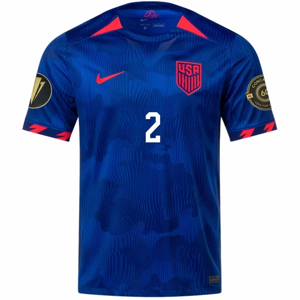 Nike Mens United States Sergino Dest Away Jersey w/ Gold Cup Patches 23/24 (Hyper Royal/Loyal Blue) Anti Microbial Finish Reflective Safety Details