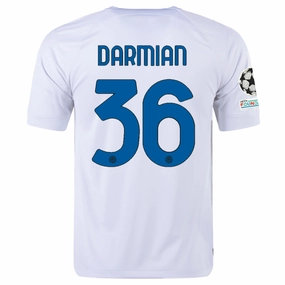 Flexible Neck Opening Nike Inter Milan Matteo Darmian Away Jersey w/ Champions League   Copa Italia Patches 23/24 (White/Lyon Blue)