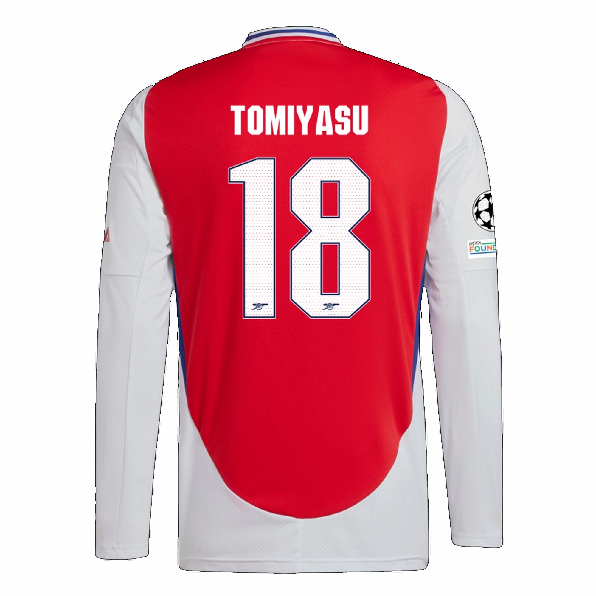 anti static coating adidas Arsenal Takehiro Tomiyasu Home Long Sleeve Jersey w/ Champions League Patches 24/25 (Better Scarlet/White)