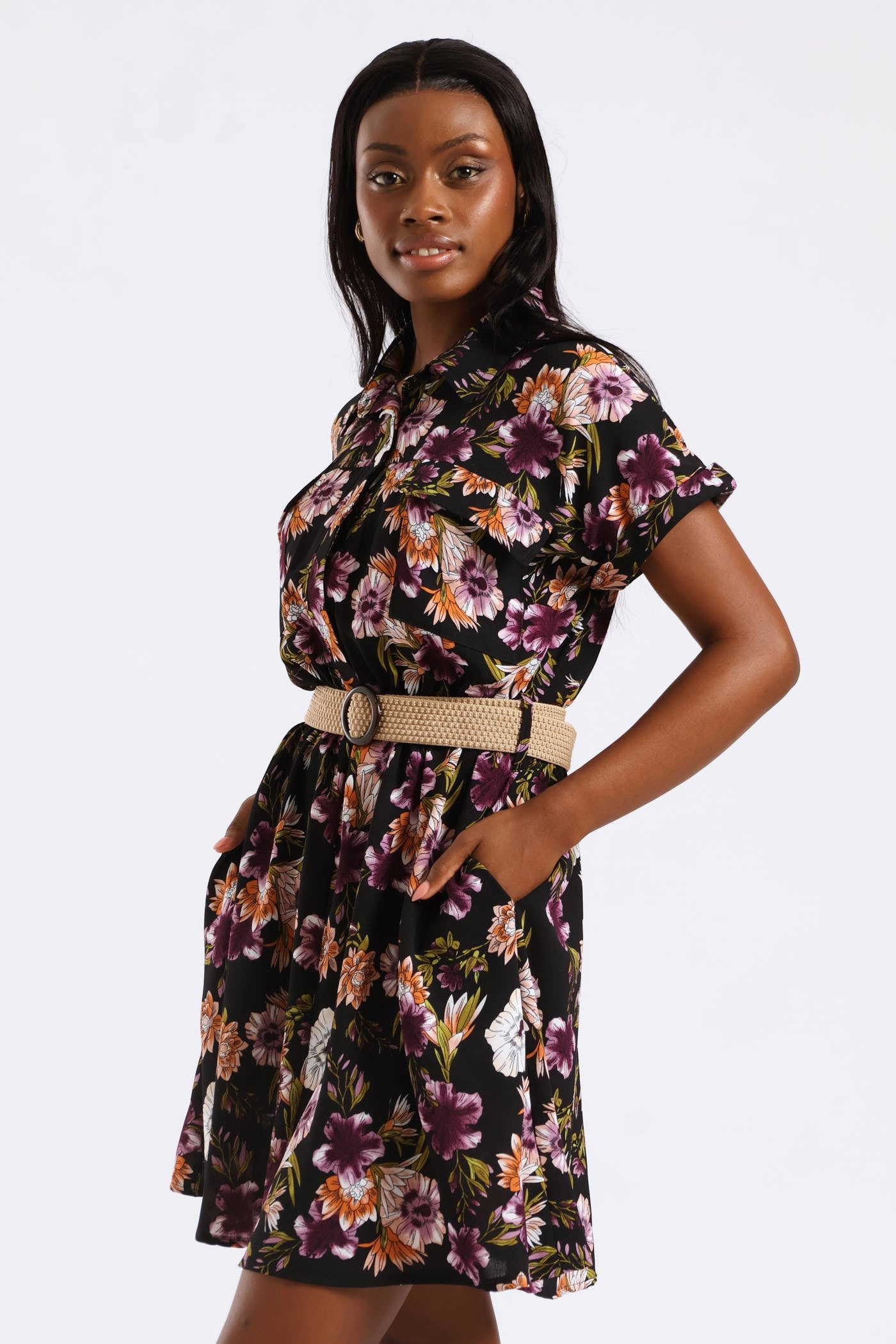 Simple Flow Short Sleeve Raffia Belt Utility Mini Dress - Multi