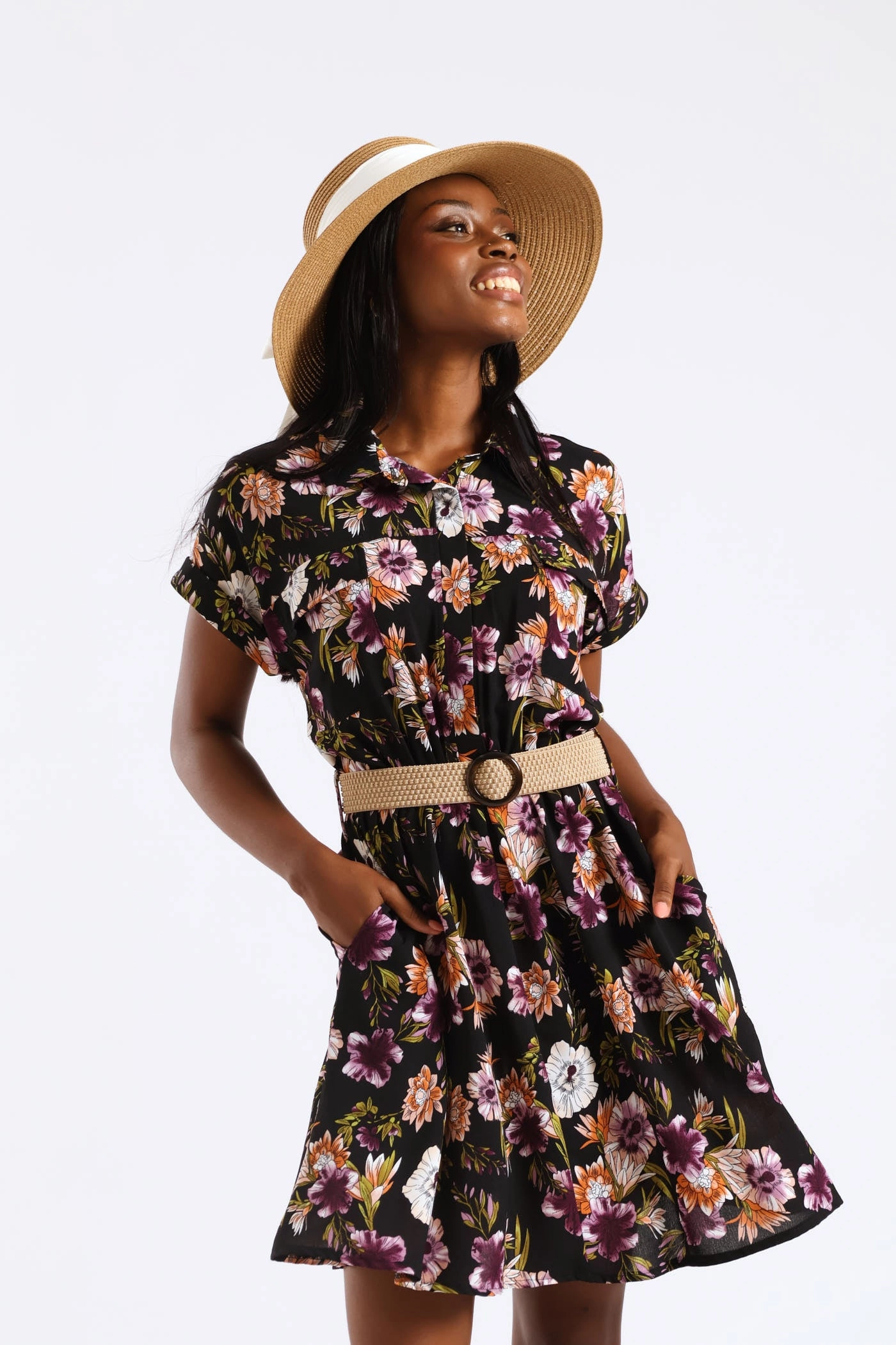 Short Sleeve Raffia Belt Utility Mini Dress - Multi Urban Fit
