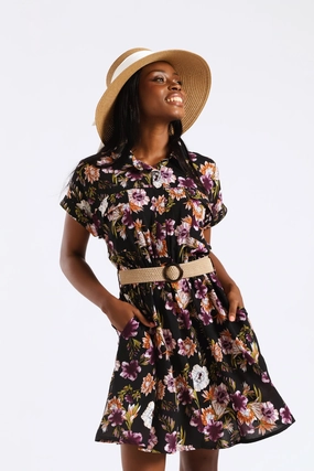Short Sleeve Raffia Belt Utility Mini Dress - Multi Urban Fit