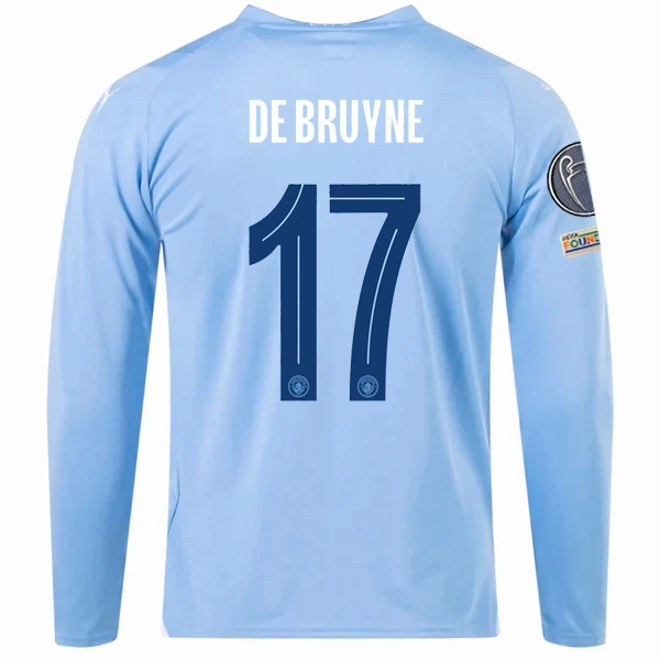 Puma Manchester City Kevin De Bruyne Home Long Sleeve Jersey w/ Champions League   Club World Cup Patches 23/24 (Team Light Blue/Puma White) Rapid Fit