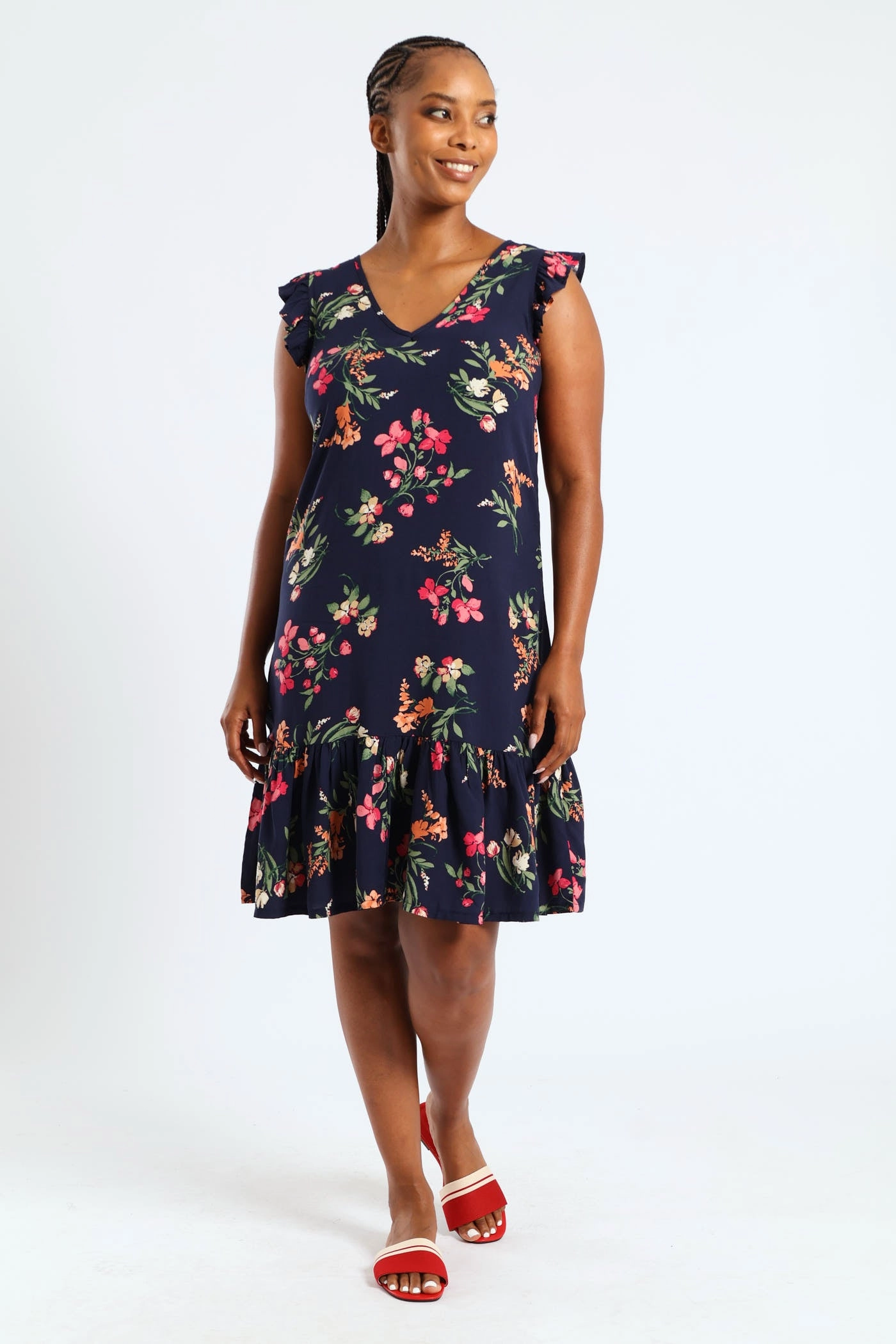 Lace Ease Chilly Wear V-Neck Frill Sleeve Drop Hem Printed Mini Dress - Navy
