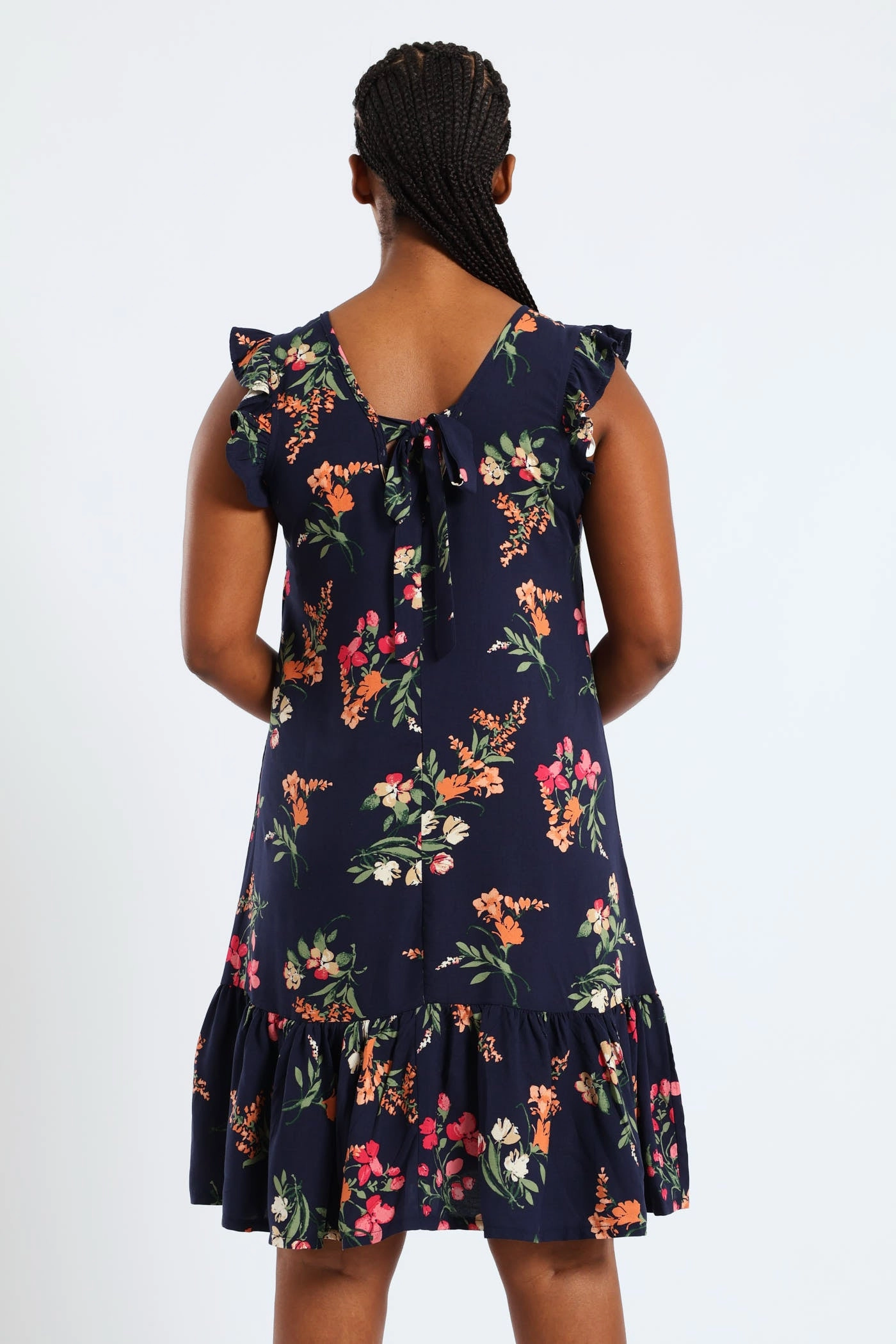 V-Neck Frill Sleeve Drop Hem Printed Mini Dress - Navy MoldResistantTexture Halter-Neck