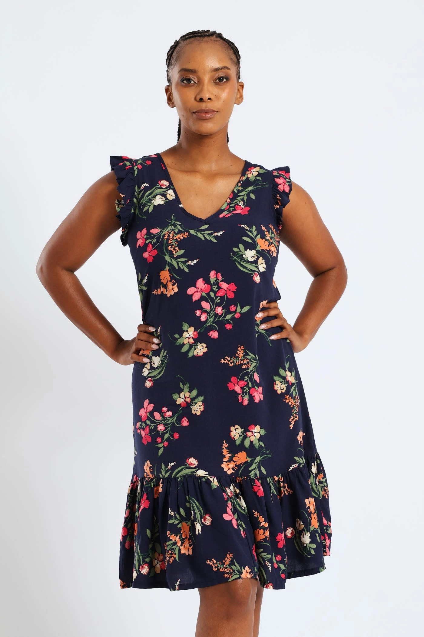 V-Neck Frill Sleeve Drop Hem Printed Mini Dress - Navy Light Attitude Pink Glow