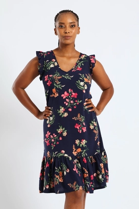 V-Neck Frill Sleeve Drop Hem Printed Mini Dress - Navy Light Attitude Pink Glow