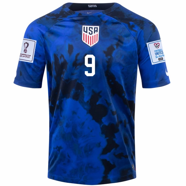 Nike United States Jesus Ferreira Away Jersey 22/23 w/ World Cup 2022 Patches (Bright Blue/White) Garment Dyed Finish Fade Resistant Prints