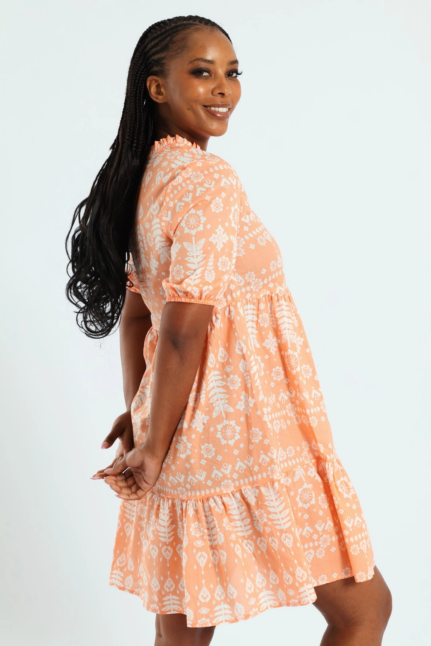 Frill Neck & Tie Swing Mini Dress - Coral Tailored Layers