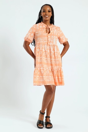 Frill Neck & Tie Swing Mini Dress - Coral Texture Soft