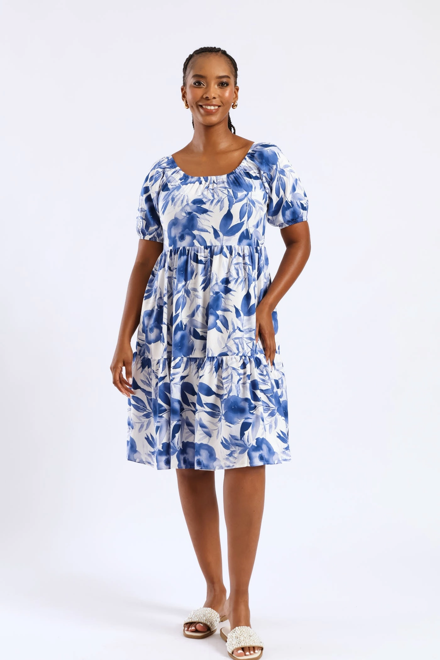 Fashion Mix Printed Tiered Gypsy Mini Dress - White/Blue