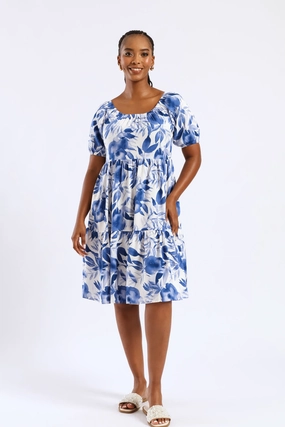 Fashion Mix Printed Tiered Gypsy Mini Dress - White/Blue