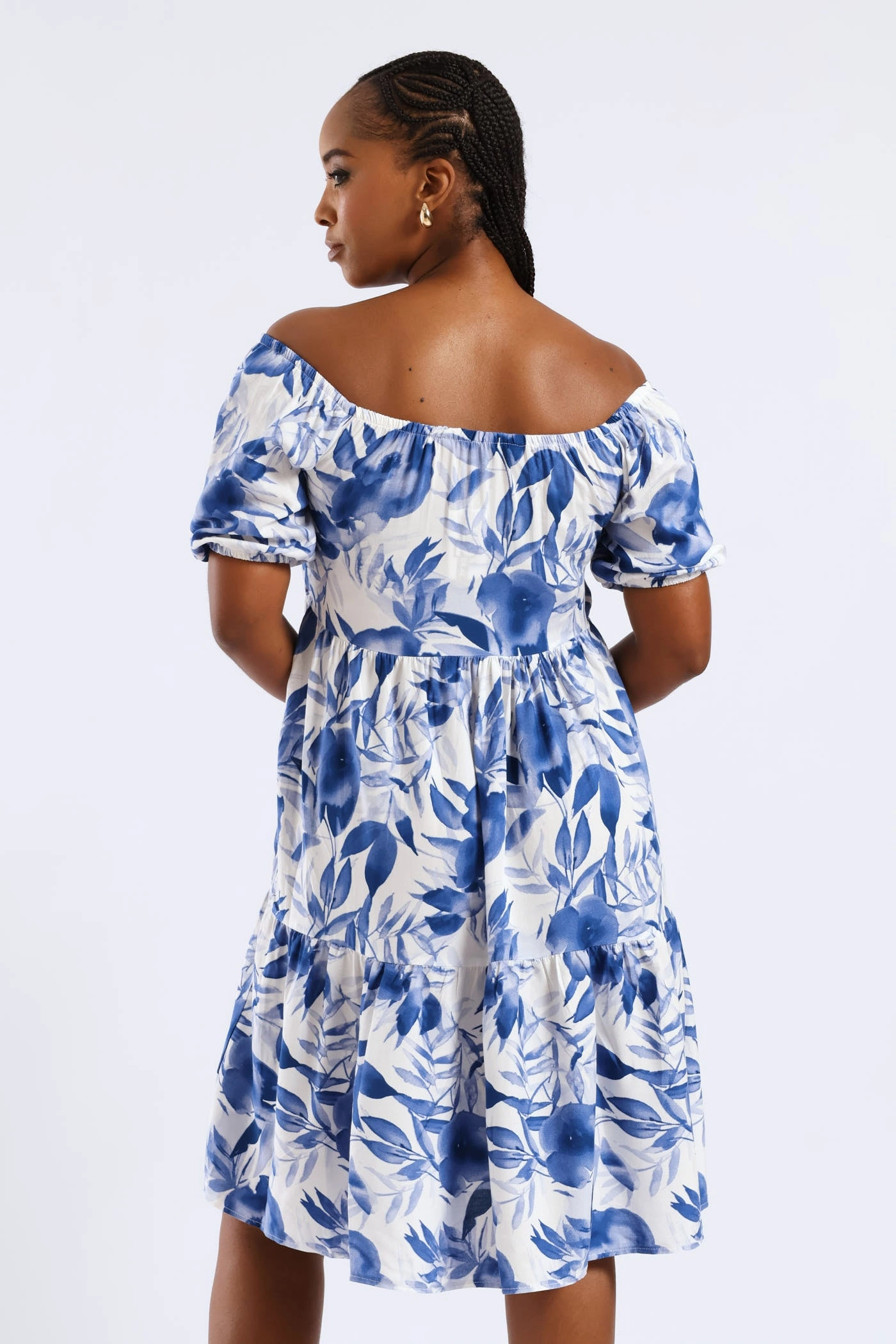 Mermaid-Hem Printed Tiered Gypsy Mini Dress - White/Blue