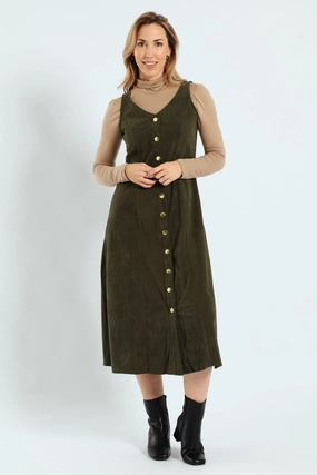 V-Neck Button Through Panelled Fit & Flare Corduroy Midi Dress - Dark Fatigue Minimal Mood