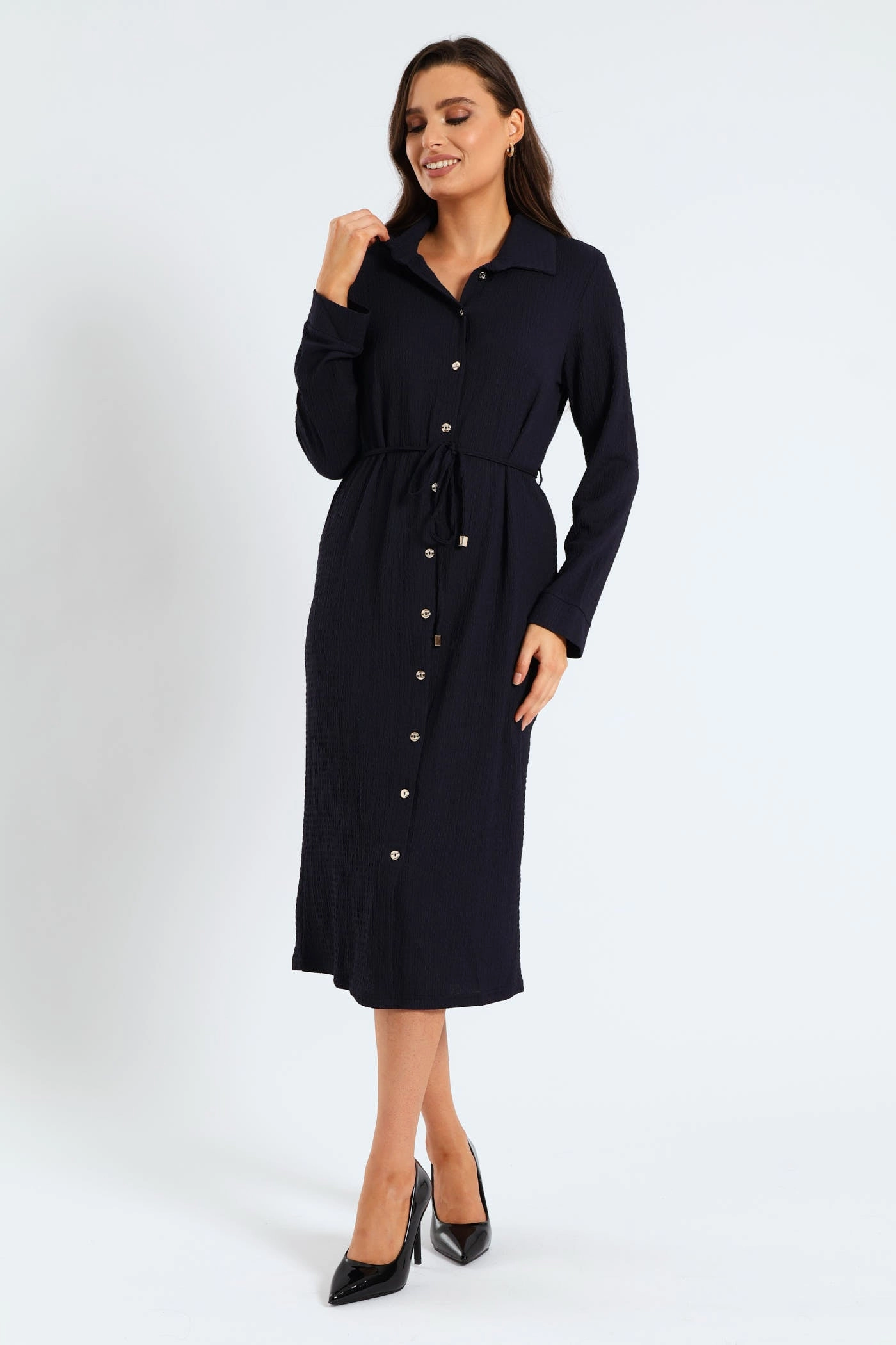 Art-Gallery Wide Hemline Belted Crinkle Midi Shirt Dress - Navy