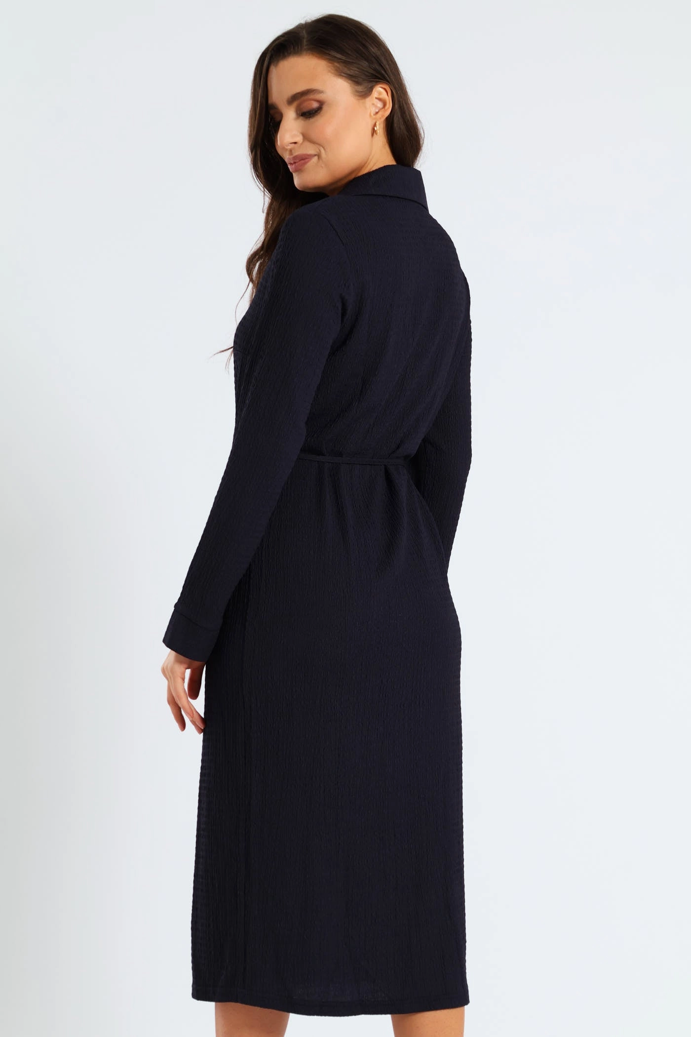 Versatile-Style Soft touch evening dress Belted Crinkle Midi Shirt Dress - Navy