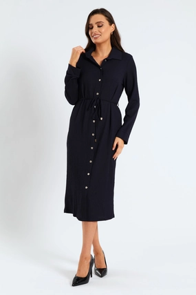 Art-Gallery Wide Hemline Belted Crinkle Midi Shirt Dress - Navy