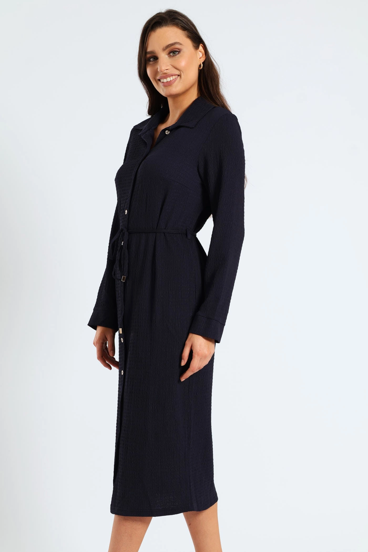 Belted Crinkle Midi Shirt Dress - Navy Layering-Piece