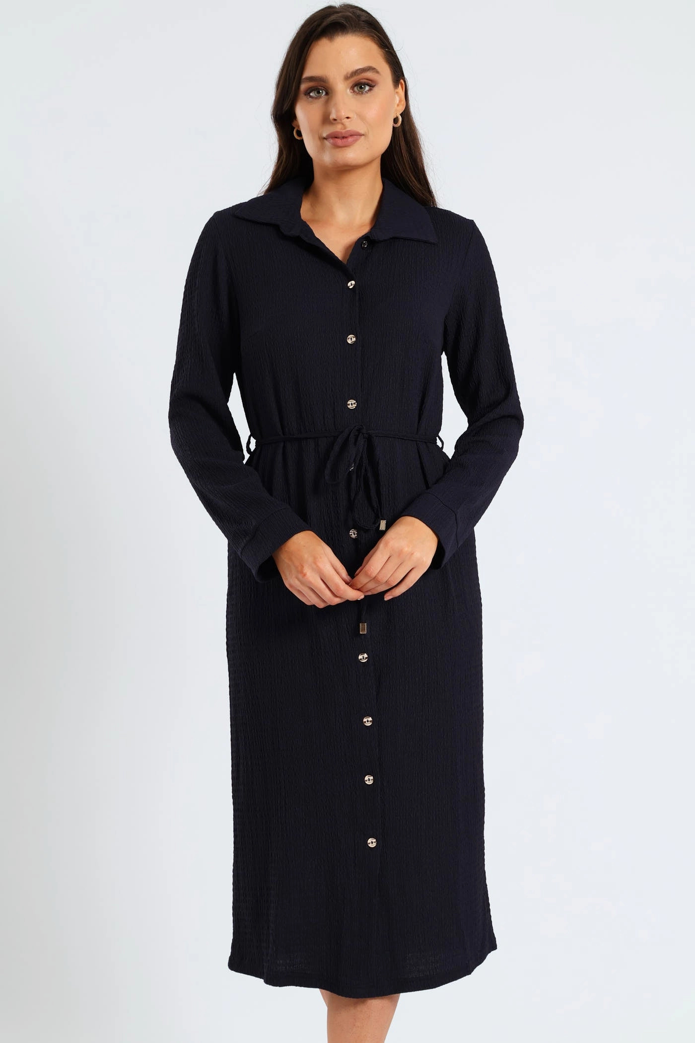 Belted Crinkle Midi Shirt Dress - Navy Urban Aesthetic Outdoor Style
