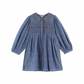 Emile et Ida Smocked Dress, Chambray Satin-Edge