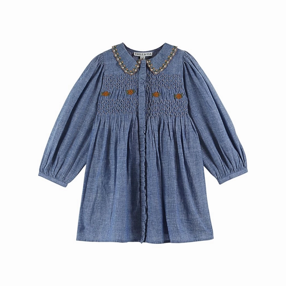 Quick Match Baby-Shower Emile et Ida Smocked Dress, Chambray