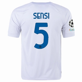 Fresh Comfort Pre Shrunk Fabric Nike Inter Milan Stefano Sensi Away Jersey w/ Champions League   Copa Italia Patches 23/24 (White/Lyon Blue)
