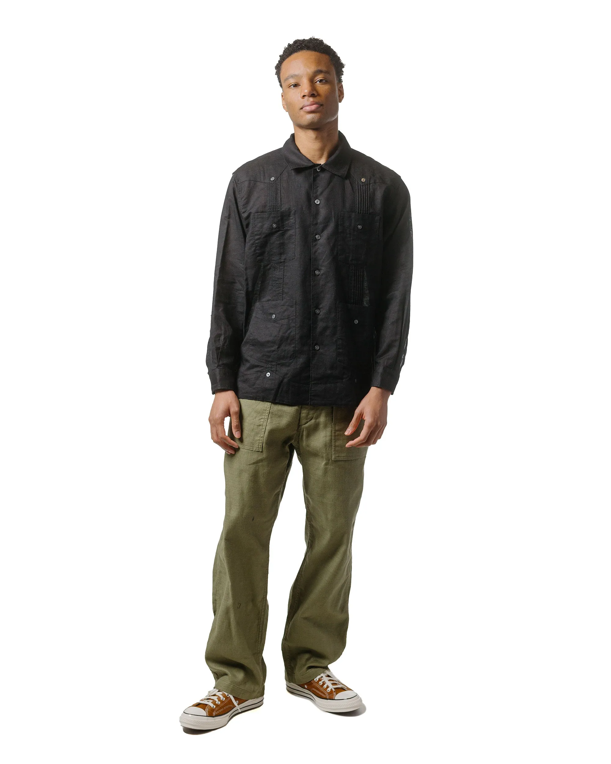 Engineered Garments Guayabera Shirt Black Handkerchief Linen Sustainable Dye Process Coffee Run