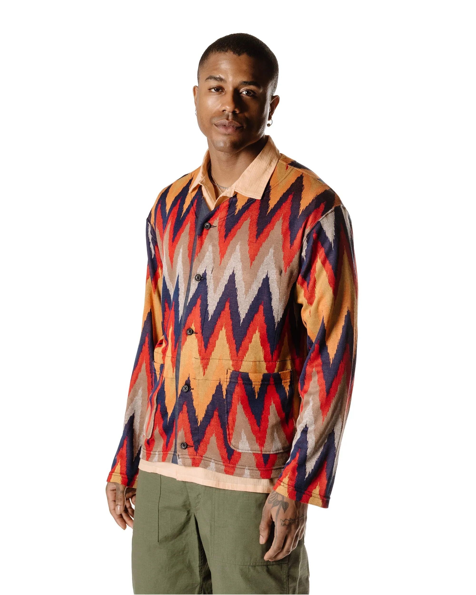Engineered Garments Knit Cardigan Red/Navy Ikat Knit Cozy Warmth Athletic Wear