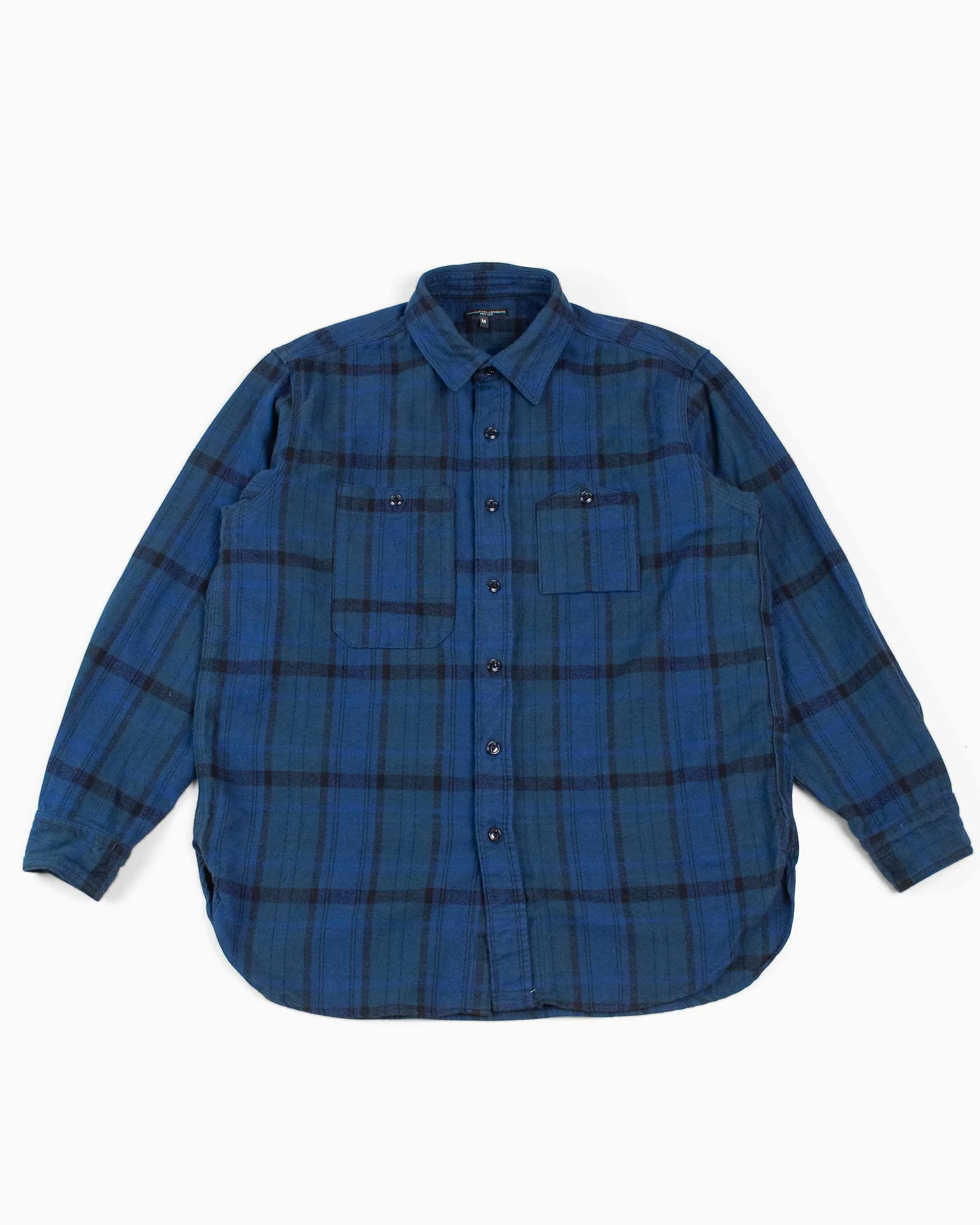 Engineered Garments Work Shirt Navy/Black Plaid Cotton Flannel Two Tone Stitching