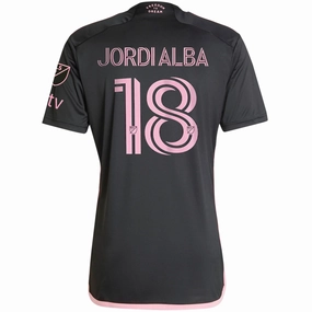 adidas Inter Miami Jordi Alba Royal Caribbean Away Jersey w/ MLS   Apple TV Patches 23/24 (Black/Bliss Pink) Microfiber Blend Match Look