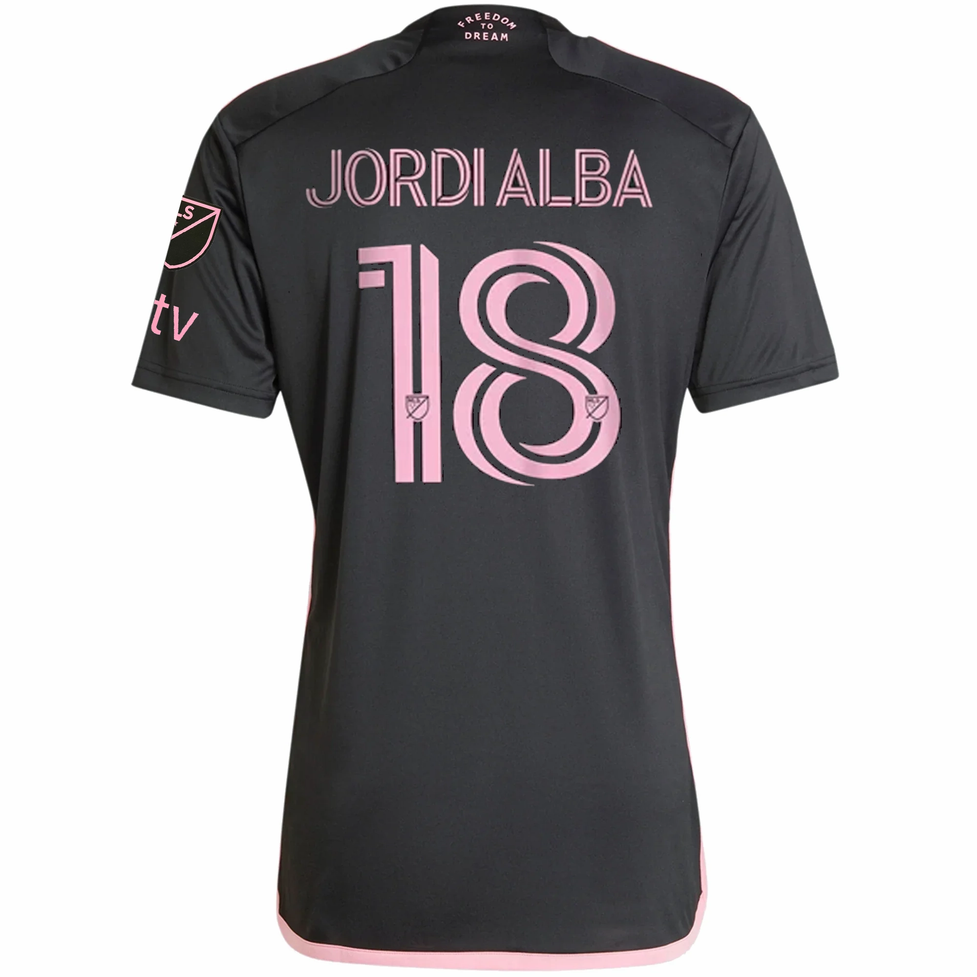 adidas Inter Miami Jordi Alba Royal Caribbean Away Jersey w/ MLS   Apple TV Patches 23/24 (Black/Bliss Pink) Microfiber Blend Match Look