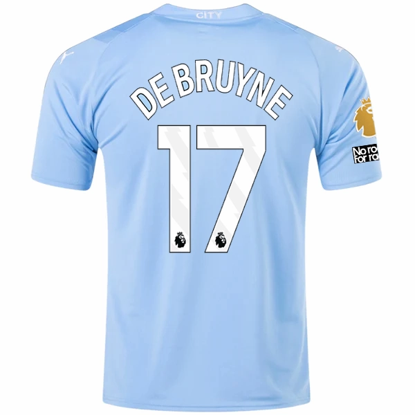 Hypoallergenic Processing Puma Manchester City Kevin De Bruyne Home Jersey w/ EPL   No Room For Racism   Club World Cup Patches 23/24 (Team Light Blue/Puma White)