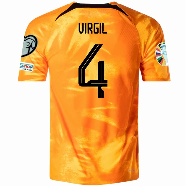 Airy material Nike Netherlands Virgil Van Dijk Home Match Authentic Jersey w/ Euro Qualifying Patches 22/23 (Laser Orange/Black)
