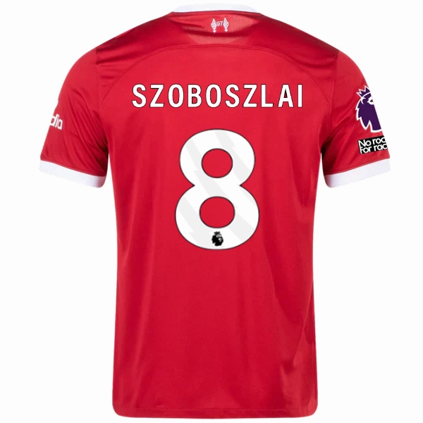 Temperature Regulating Fiber Nike Liverpool Szoboszlai Home Jersey w/ EPL   No Room For Racism Patches 23/24 (Red/White)