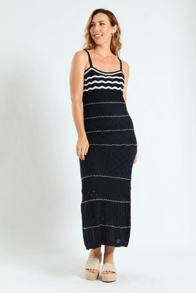 Lightweight-Comfort Knitwear Maxi Dress With Lining - Navy/White