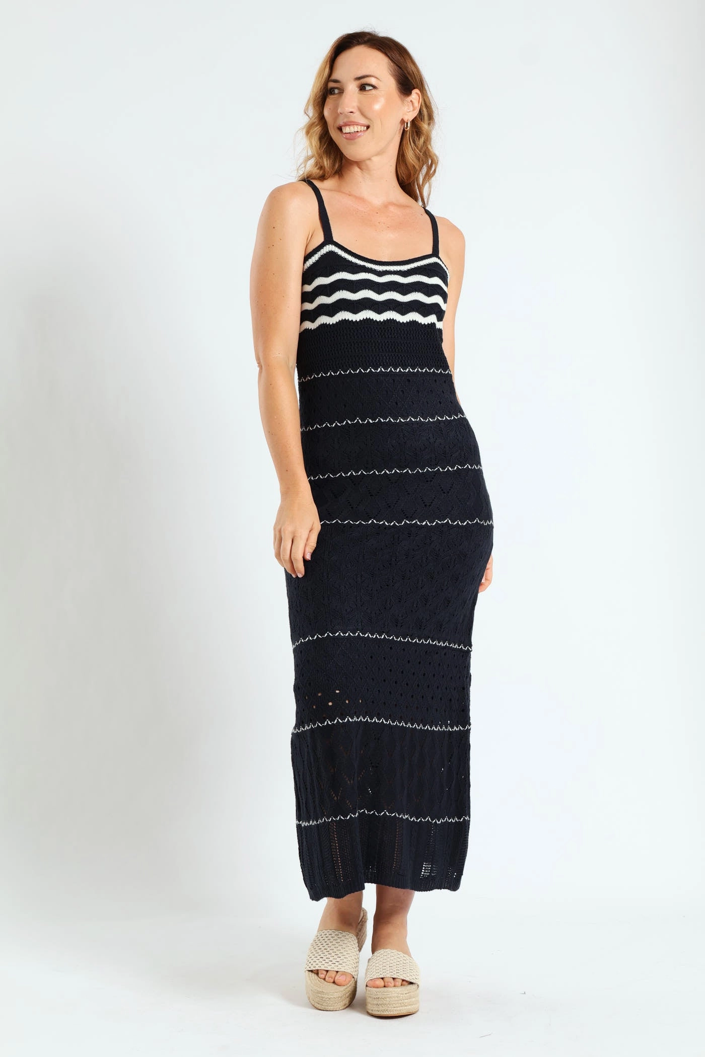 Knitwear Maxi Dress With Lining - Navy/White Playful design piece Smooth Flow