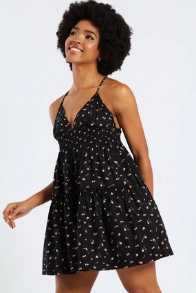Lace Detail Strappy Babydoll Tiered Dress - Black